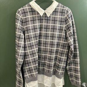 Tahari Gray Plaid Crewneck Sweater with White Shirt Collar